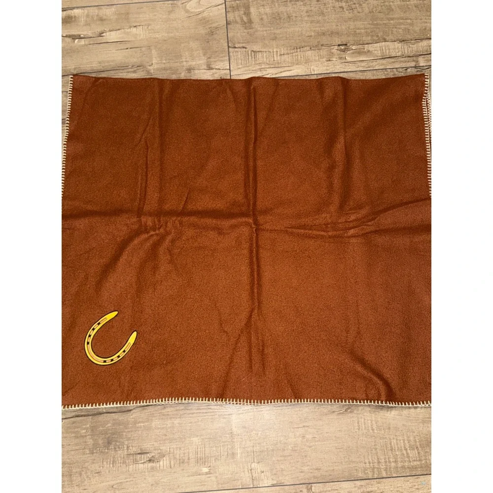 Western Horseshoe Fleece Throw Blanket Rust Brown Whipstitch Edge 34x30